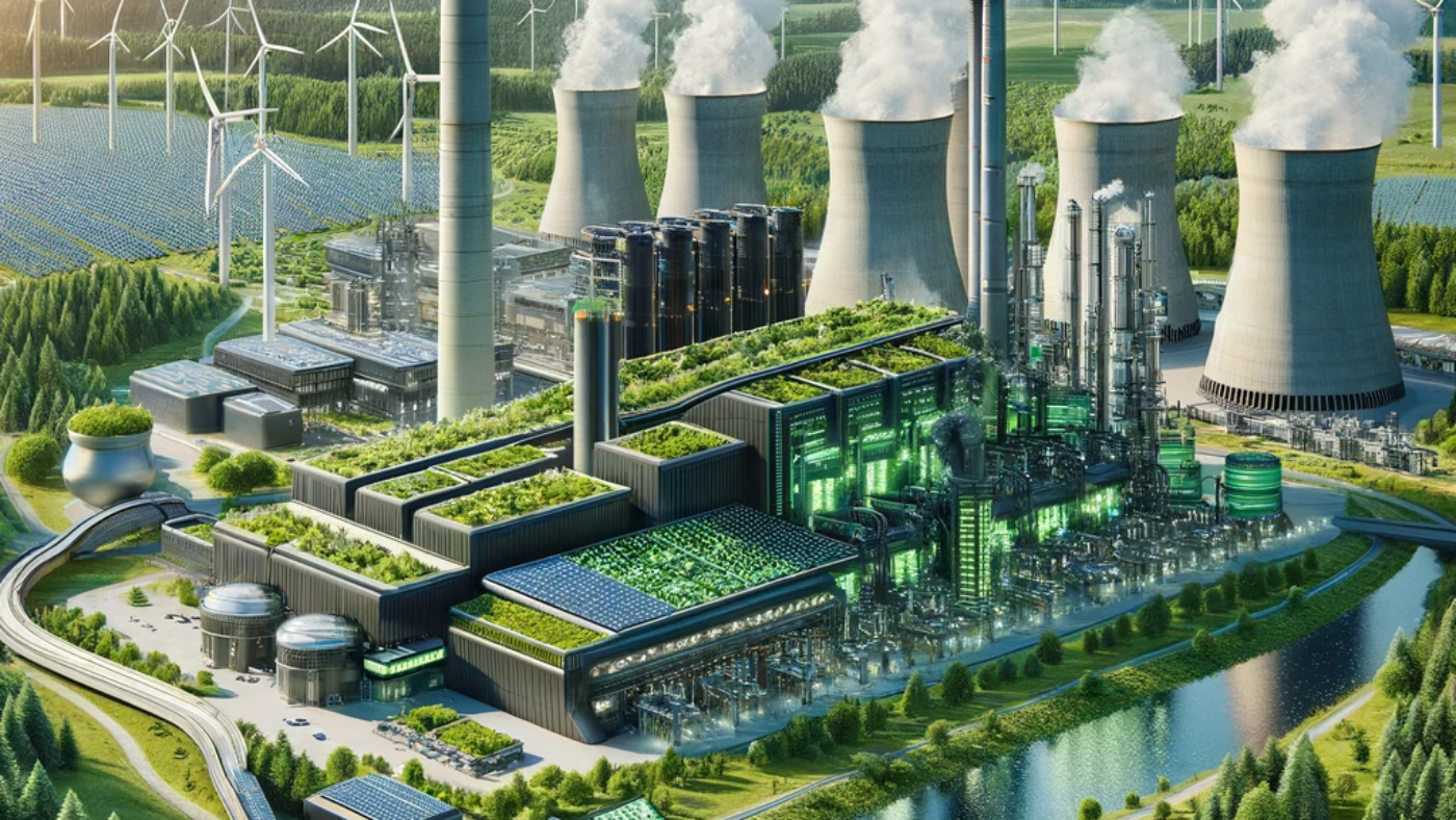 DALL·E 2024-03-15 09.52.31 - Imagine a futuristic landscape where traditional coal power plants are transformed into green, eco-friendly facilities. In the foreground, a modern, s